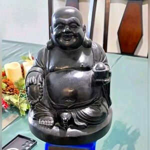 Happy Smiling Fat Buddha Statue Sitting Resin Black 10" Inch